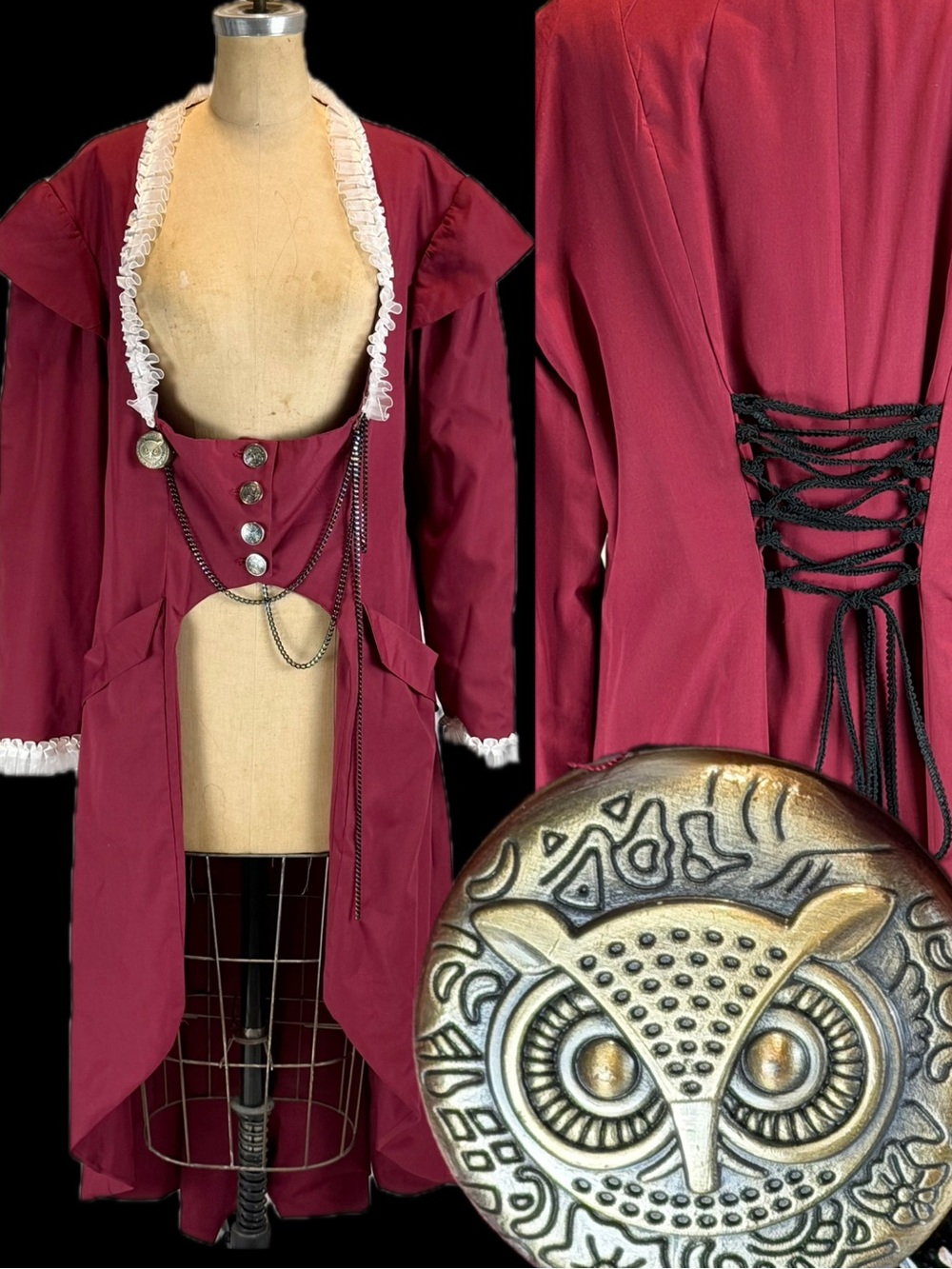 Steampunk‎ pirate coat jacket corset lace back owl pocketwatch clock ruffle long